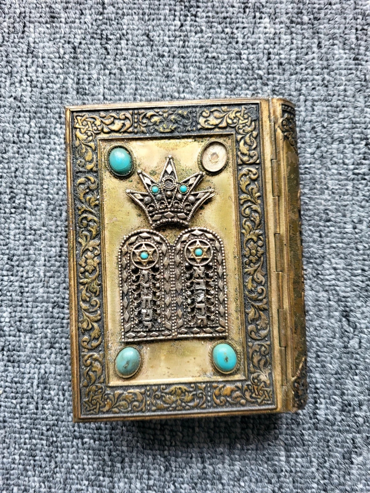 Livre de Prières Juives Ancien Siddour Métal Gravé Pierres Turquoise Jérusalem